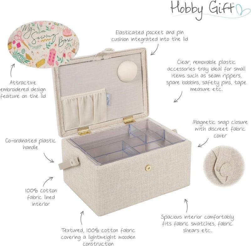 Hobby Gift صندوق تخزين متوسط للحرف والخياطة والهوايات، صينية ملحقات، وسادة دبابيس، جيوب، 10 x 7.3 x 5.7" - صندوق خياطي الخاص بي - Image 2